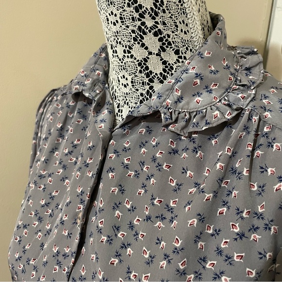 Vintage Pant-Her Blue Floral Ruffled Collared Button Up Blouse - Picture 6 of 7